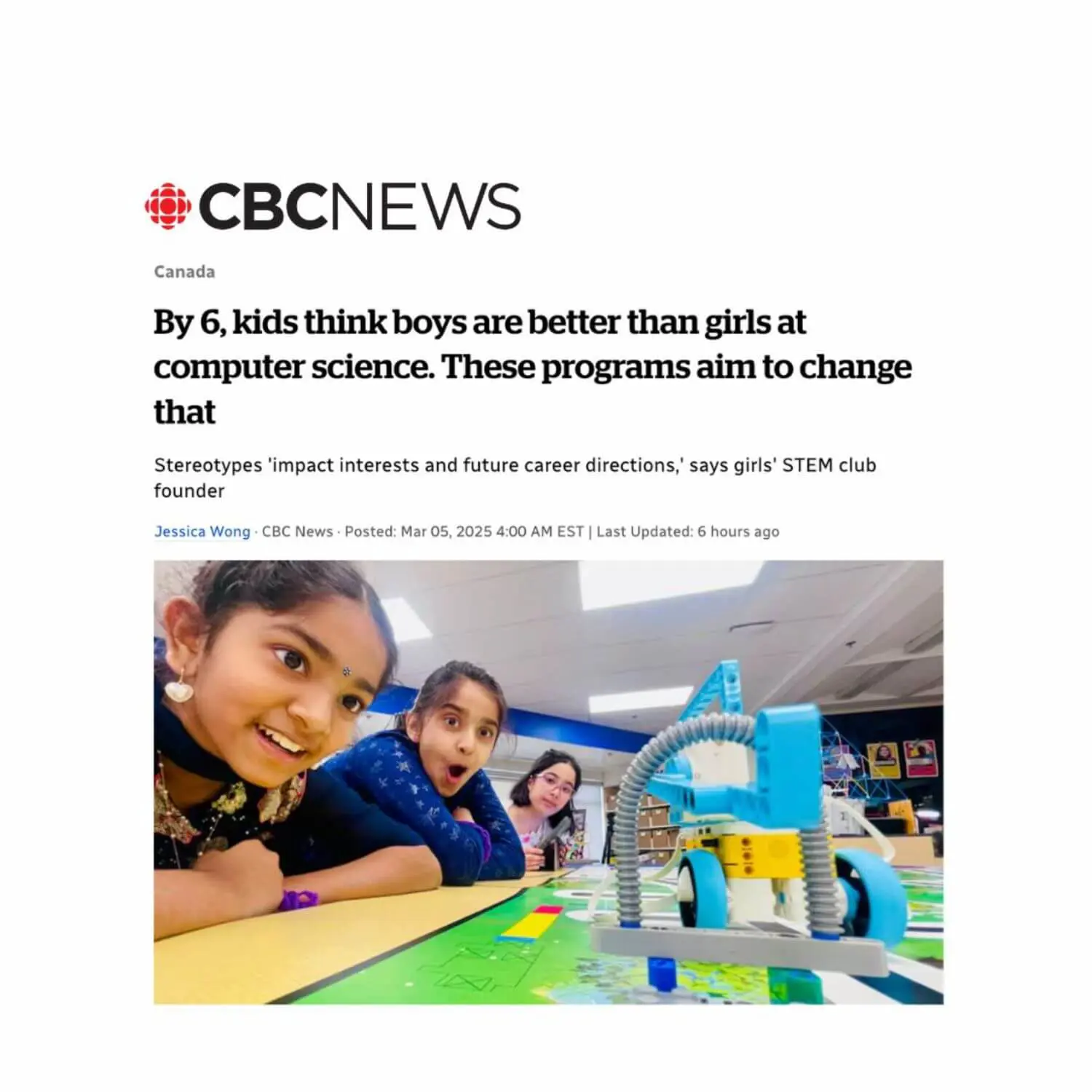 CBS News Article entitled 'By 6, kids think boys are better than girls at computer science. These programs aim to change that'